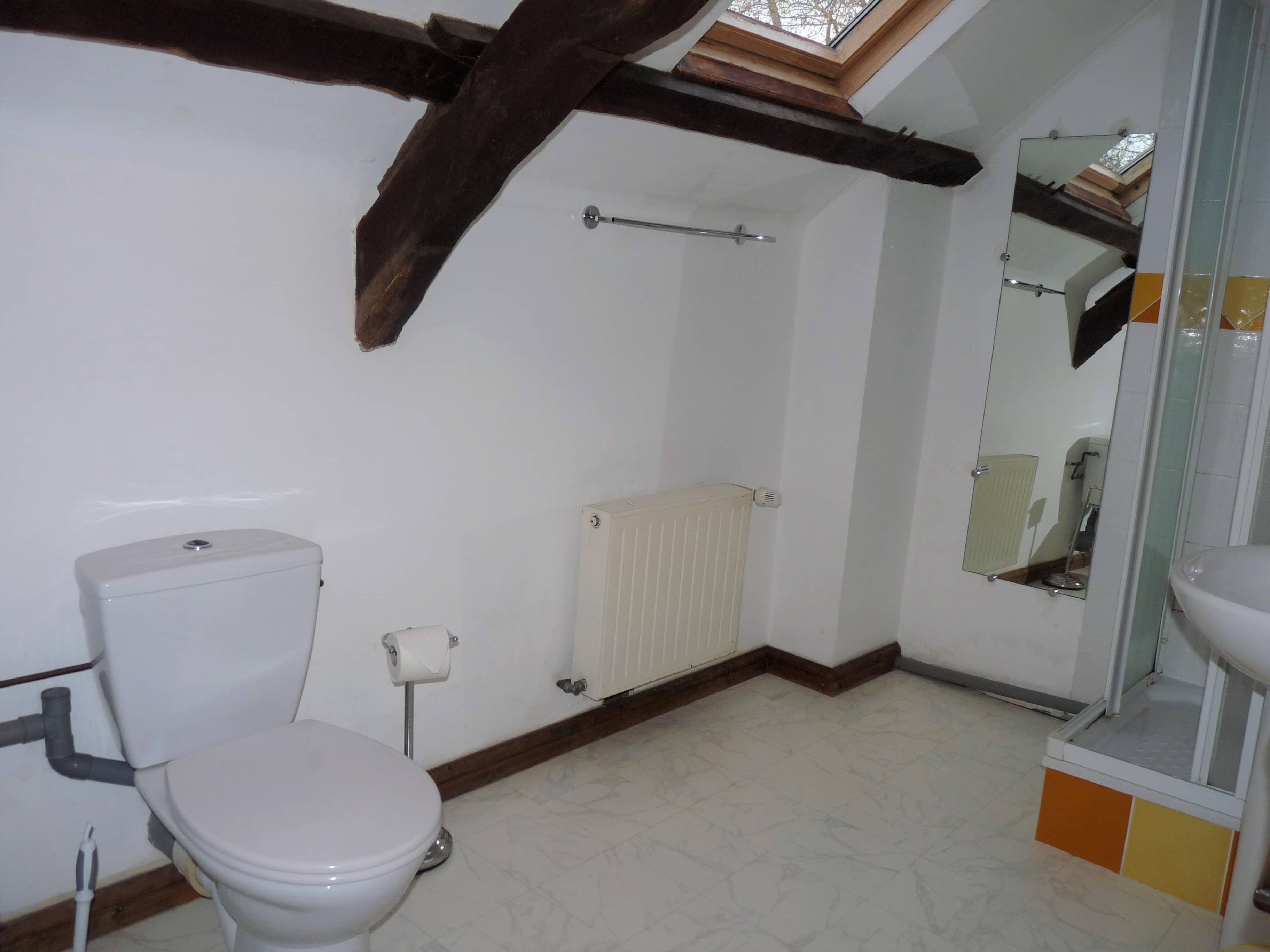 Clean and well-appointed toilet of La Julerie cottage in Brittany, France, with a ceramic sink, tiled walls, soft lighting, and modern decoration. Perfect for a comfortable and pleasant toilet experience.